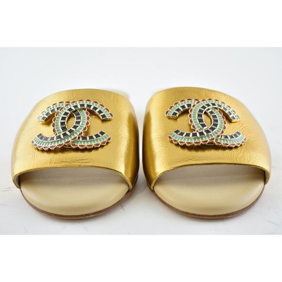 Chanel 19A Gold Laminated Lambskin CC Red Logo Slide Slip On Sandal Mule Flat 36 - Picture 6 of 12
